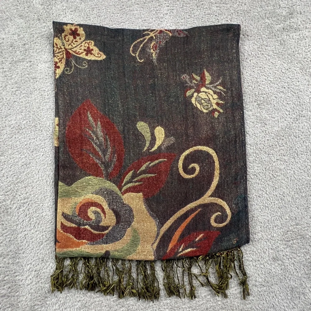 Boho Floral Butterfly Pashmina Scarf Fringe Shawl Vintage Earthy Wrap Cashmere